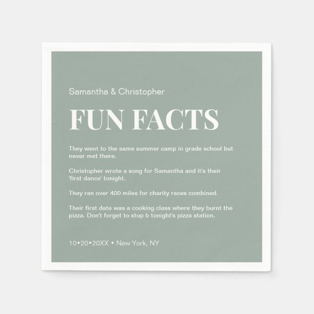 Sage Green white Custom fun fact list Wedding  Napkin (Front)