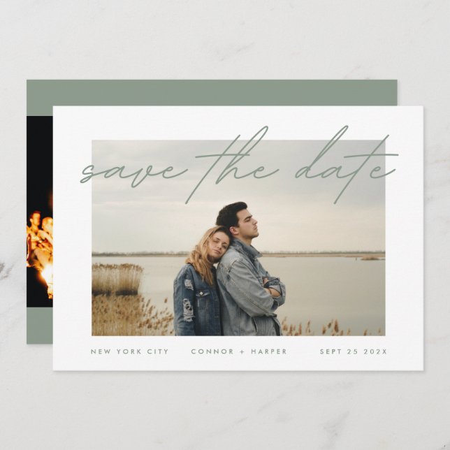 Sage Green White Elegant Border Photo Save The Date (Front/Back)