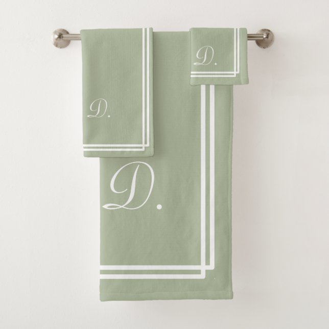 Sage Green White Elegant Modern Monogram Bath Towel Set (Insitu)