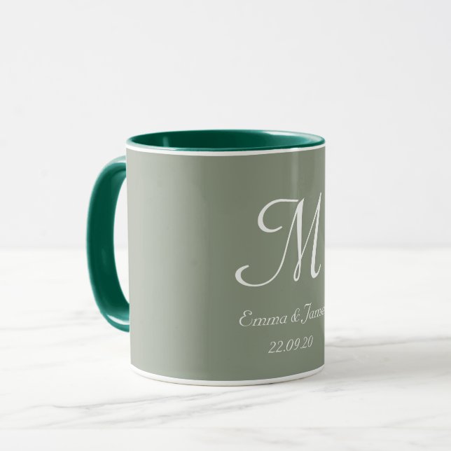 Sage Green & White Elegant Monogram Initial Name  Mug (Front Left)