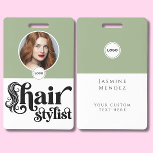 Sage Green White Elegant Photo Hair Stylist ID Badge