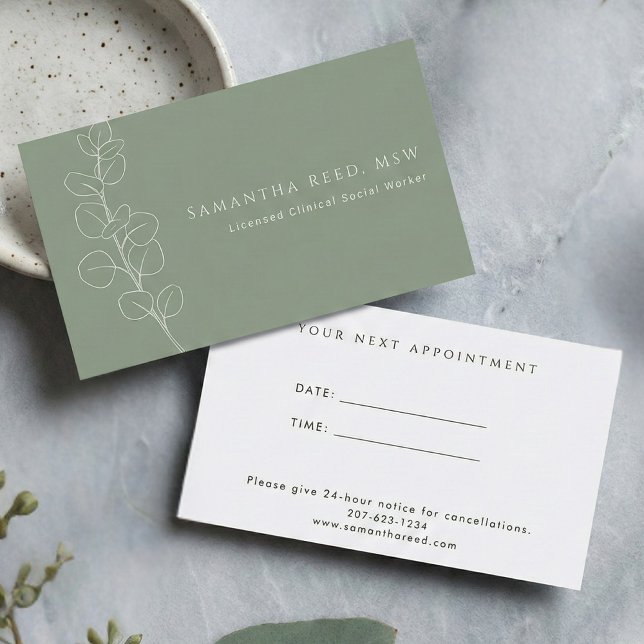 Sage Green White Eucalyptus Therapist Appointment  Business Card (Sage Green White Botanical Modern Elegant Appointment Reminder Card)