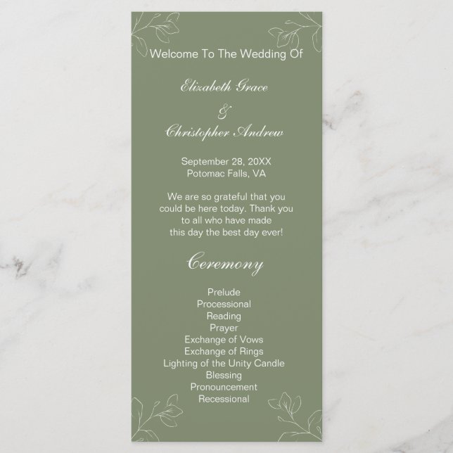 Sage Green White Floral Botanical Wedding Program (Front)