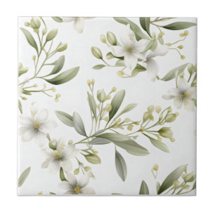 Sage Green White Floral Ceramic Tile