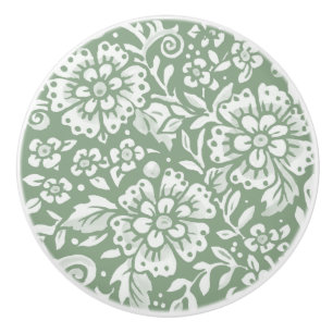 Sage Green White Floral Damask Pattern Ceramic Knob