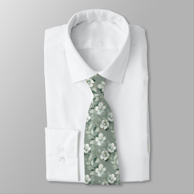 Sage Green White Floral Elegant Formal Wedding Tie (Tied)
