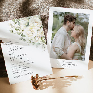 Sage Green White Floral Elegant Photo Back Wedding Invitation