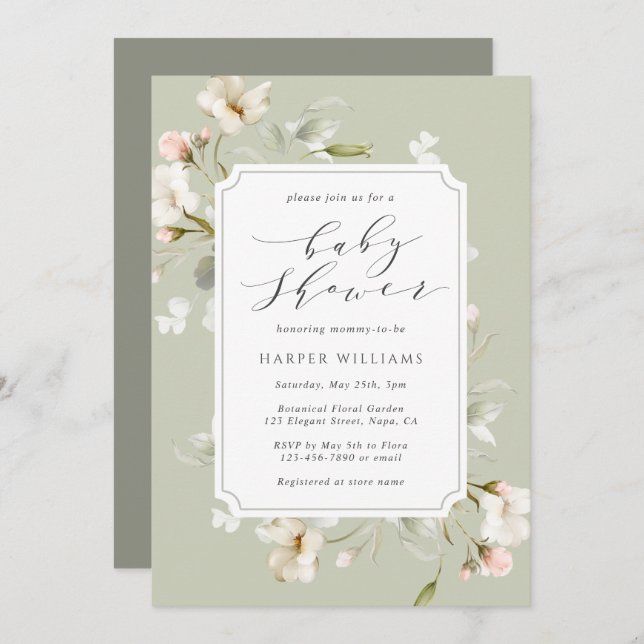 Sage Green White Floral Gender Neutral Baby Shower Invitation (Front/Back)