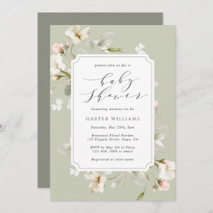 Sage Green White Floral Gender Neutral Baby Shower Invitation