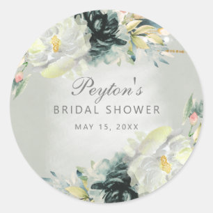 Sage Green White Floral Glitter Bridal Shower  Classic Round Sticker