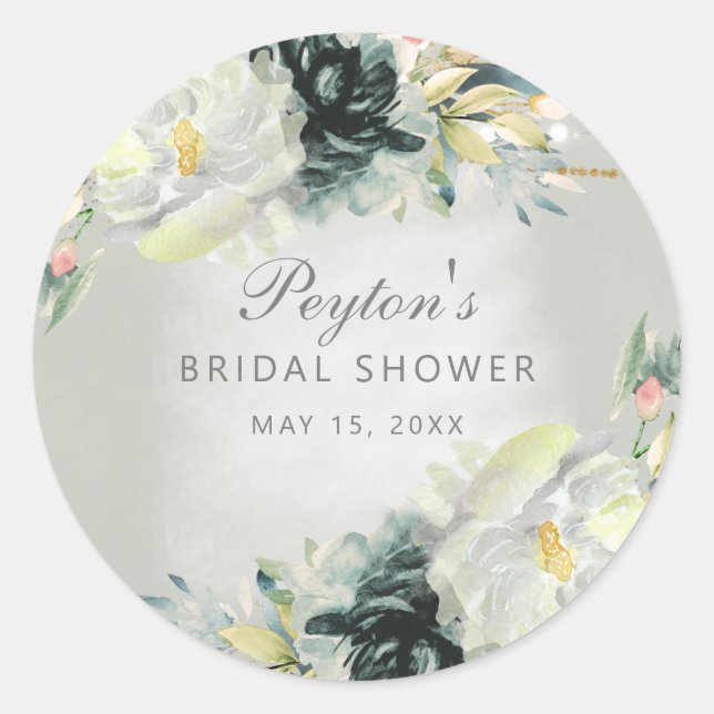 Sage Green White Floral Glitter Bridal Shower  Classic Round Sticker (Front)
