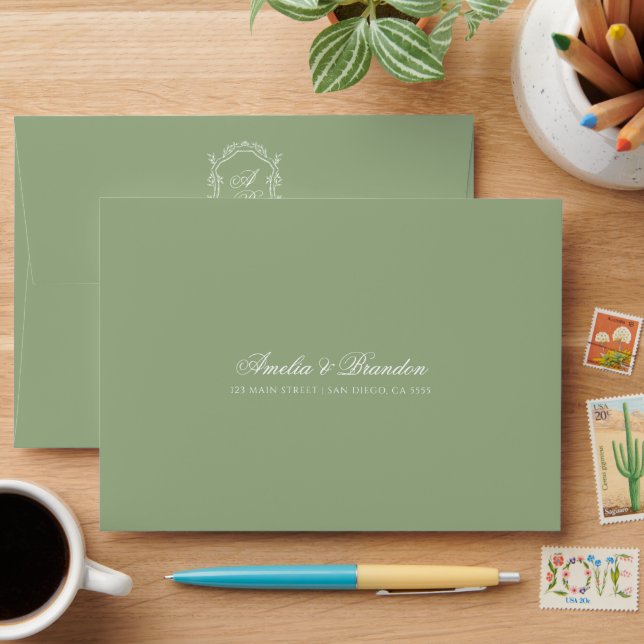Sage Green & White Floral Monogram Crest Wedding Envelope (Desk)