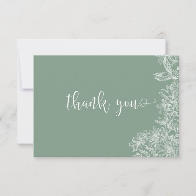 Sage Green White Floral Script Merci Carte de note (Devant)