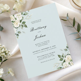 Sage Green White Floral Script QR Code Wedding Invitation