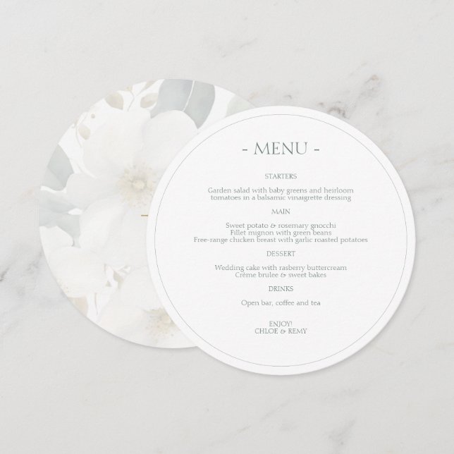Sage Green & White Floral Watercolor Wedding  Menu (Front/Back)