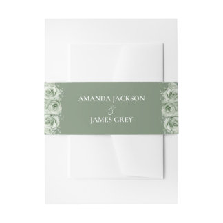 Sage Green White Floral Wedding Invitation Belly Band