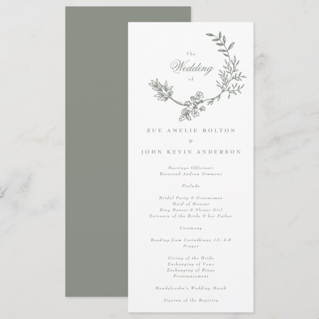 Sage Green White Floral Wreath Wedding Program (Front/Back)