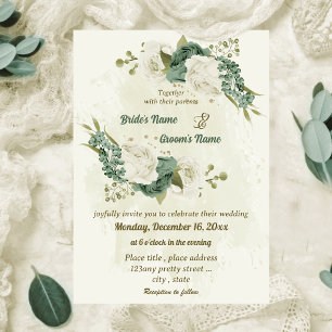 sage green white flowers botanical wedding invitation