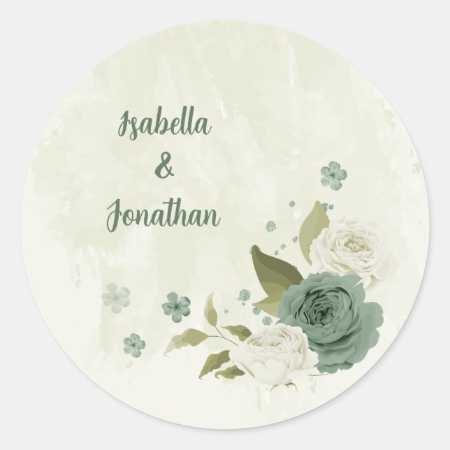 sage green white flowers wedding classic round sticker (Front)
