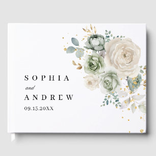 Sage Green & White Flowers Wedding Guest Book
