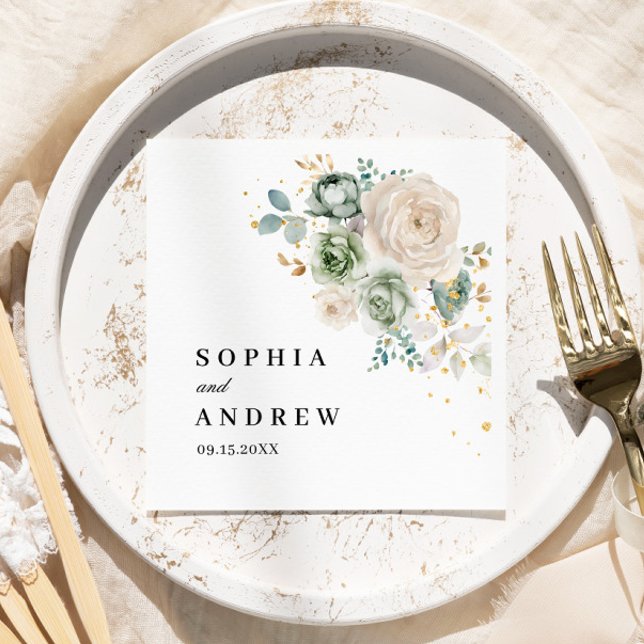 Sage Green & White Flowers Wedding Napkins (Creator Uploaded)
