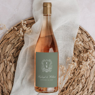 Sage Green White French Floral Monogram Crest Wine Label
