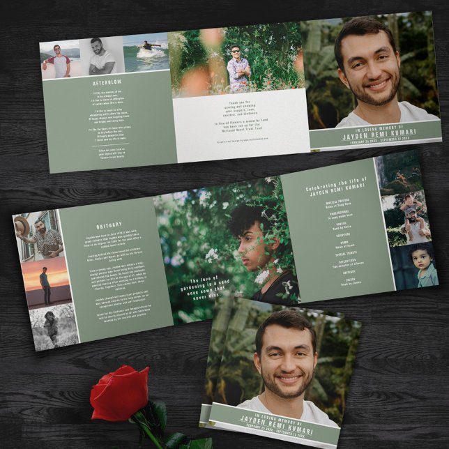 Sage green white Funeral service custom photos Tri-Fold Programme (Creator Uploaded)