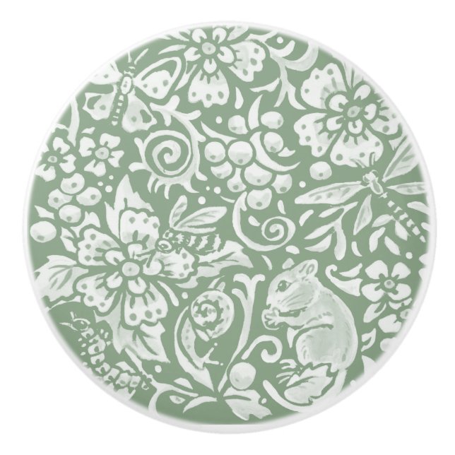 Sage Green White Garden Animals Floral Pattern   C Ceramic Knob (Front)