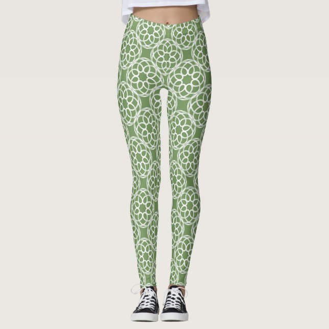Sage Green White Geometric Seamless Pattern Leggings (Front)