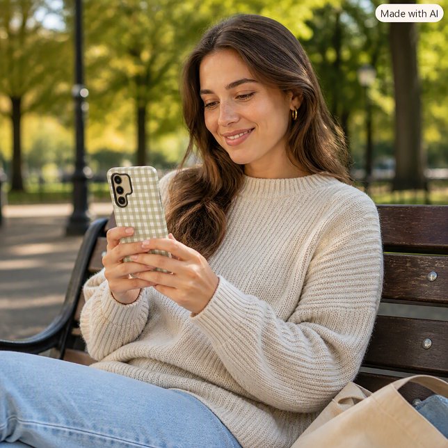 Sage Green & White Gingham Check Pattern Samsung Galaxy S22 Ultra Case (A phone case with a gingham pattern in sage green and white.)