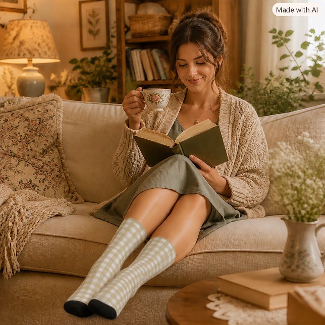 Sage Green & White Gingham Check Pattern Socks (A pair of socks with a sage green and white gingham plaid pattern.)