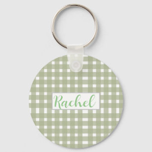 Sage Green White Gingham Personalized Keychain