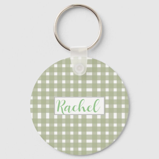 Sage Green White Gingham Personalized Keychain (Front)