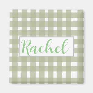 Sage Green White Gingham Personalized  Magnet