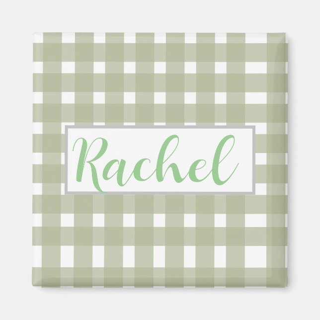 Sage Green White Gingham Personalized  Magnet (Front)