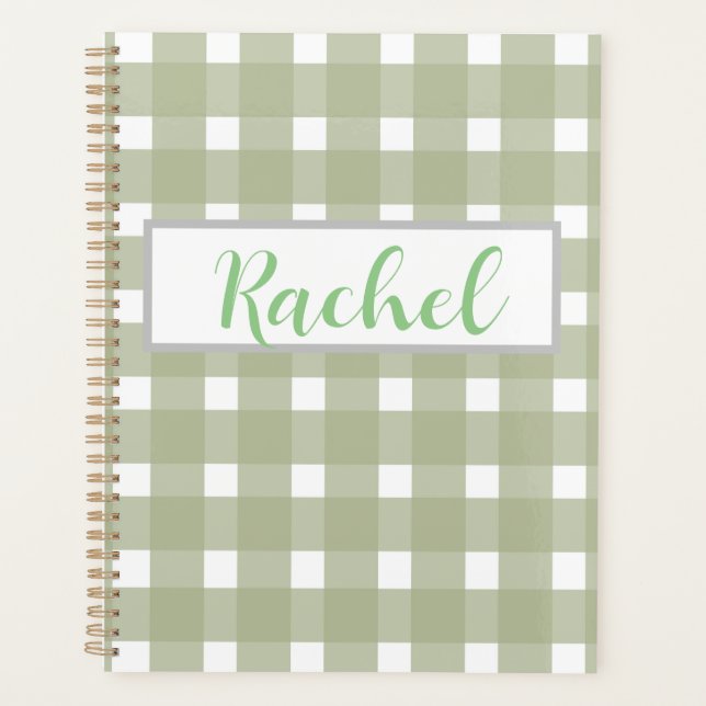 Sage Green White Gingham Personalized  Planner (Front)