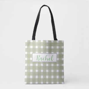 Sage Green White Gingham Personalized Tote Bag