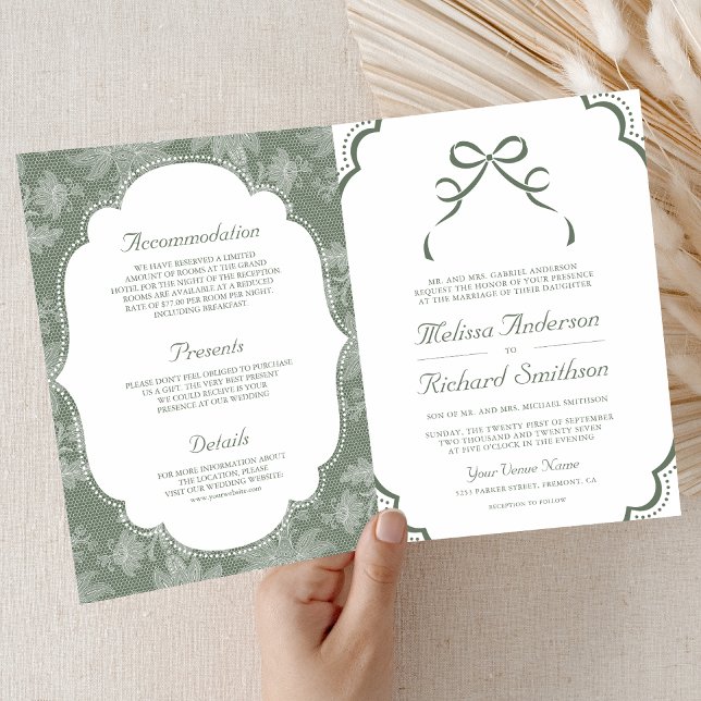 Sage Green White Lace Coquette Bow QR Code Wedding Invitation (Creator Uploaded)