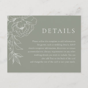 Sage Green White Line Art Floral Wedding Details Enclosure Card
