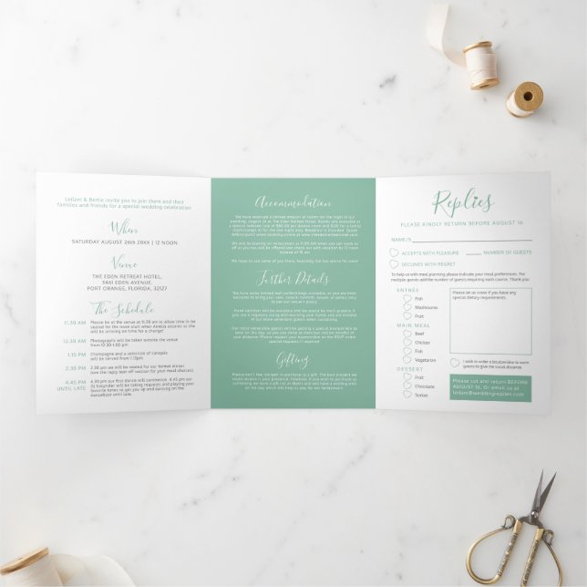 Sage green white little heart wedding all-in-one Tri-Fold invitation (Inside)