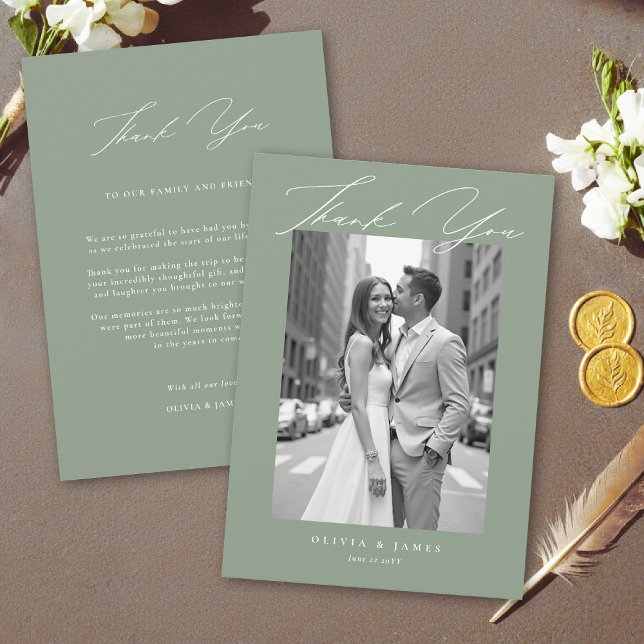 Sage Green White Modern Calligraphy Simple Wedding Thank You Card (sage green wedding thank you photo card elegant modern calligraphy white simple contemporary)
