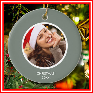 Sage Green & White Modern Initials Monogram PHOTO Ceramic Ornament