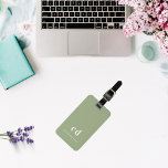 Sage green white monogram initials luggage tag<br><div class="desc">A trendy sage green coloured background. Personalize and add your monogram letters and full name on the front. Your contact information on the back.</div>