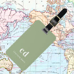 Sage green white monogram initials luggage tag<br><div class="desc">A trendy sage green coloured background. Personalize and add your monogram letters and full name on the front. Your contact information on the back.</div>