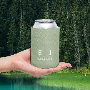 Sage Green & White Monogram Wedding Can Cooler