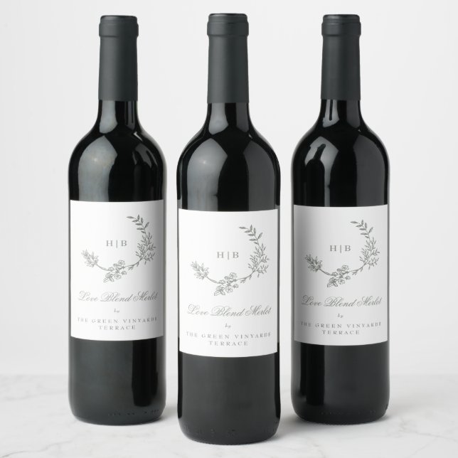 Sage Green White Monogram Wreath Classic Wedding Wine Label (Bottles)