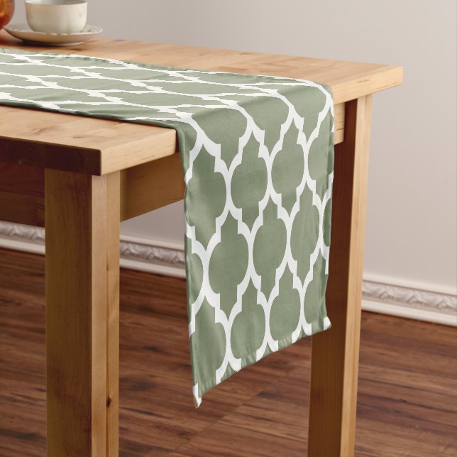 Sage Green White Moroccan #4LG Pattern Short Table Runner (In Situ)