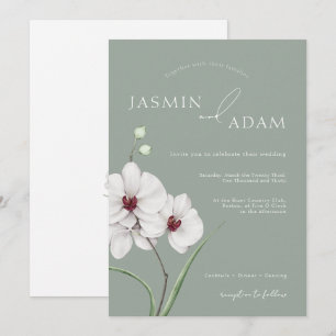 Sage Green White Orchids Initials Floral Wedding Invitation