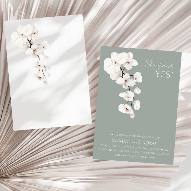 Sage Green White Orchids She Said Yes Engagement Invitation (Modern Sage Green White Orchids Wedding Engagement Party, She Said Yes! Invitation)