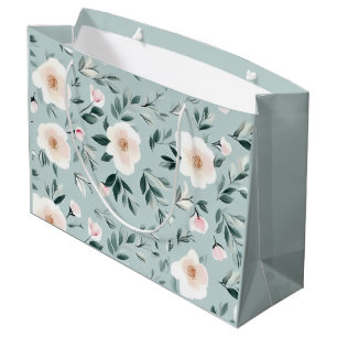 Sage Green white Peonies floral Large Gift Bag